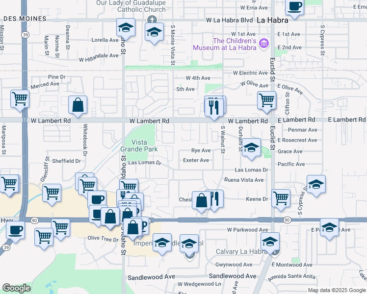 map of restaurants, bars, coffee shops, grocery stores, and more near 731 Rye Avenue in La Habra