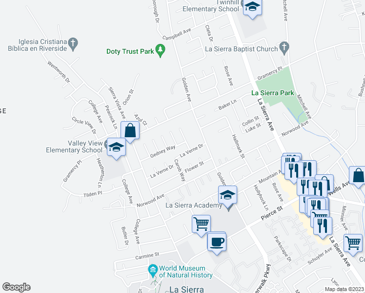 map of restaurants, bars, coffee shops, grocery stores, and more near 11390 Gedney Way in Riverside