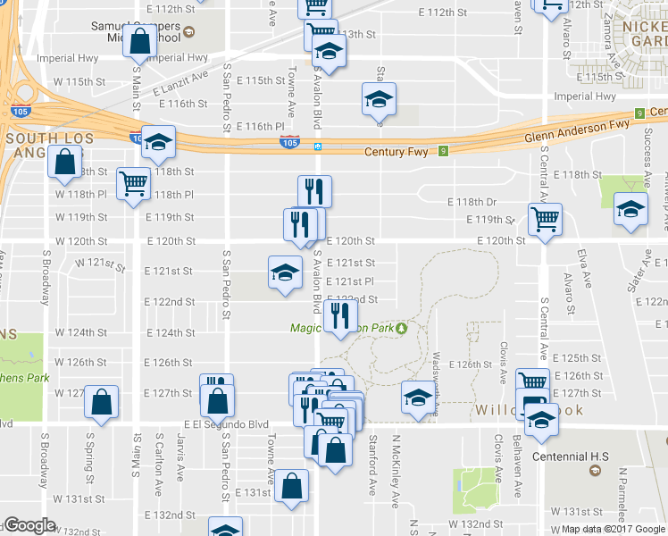 map of restaurants, bars, coffee shops, grocery stores, and more near 618 East 121st Street in Los Angeles