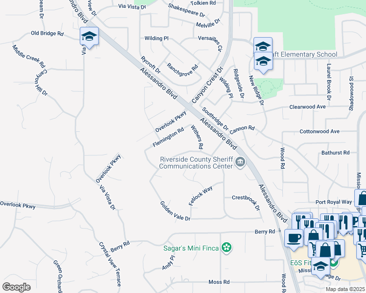 map of restaurants, bars, coffee shops, grocery stores, and more near 1249 Coronet Drive in Riverside