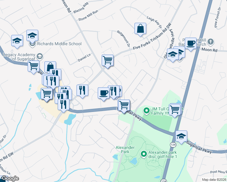 map of restaurants, bars, coffee shops, grocery stores, and more near 571 Brianton Court in Lawrenceville