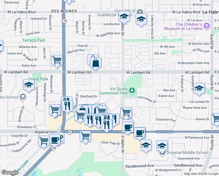 map of restaurants, bars, coffee shops, grocery stores, and more near 1490 West Lambert Road in La Habra