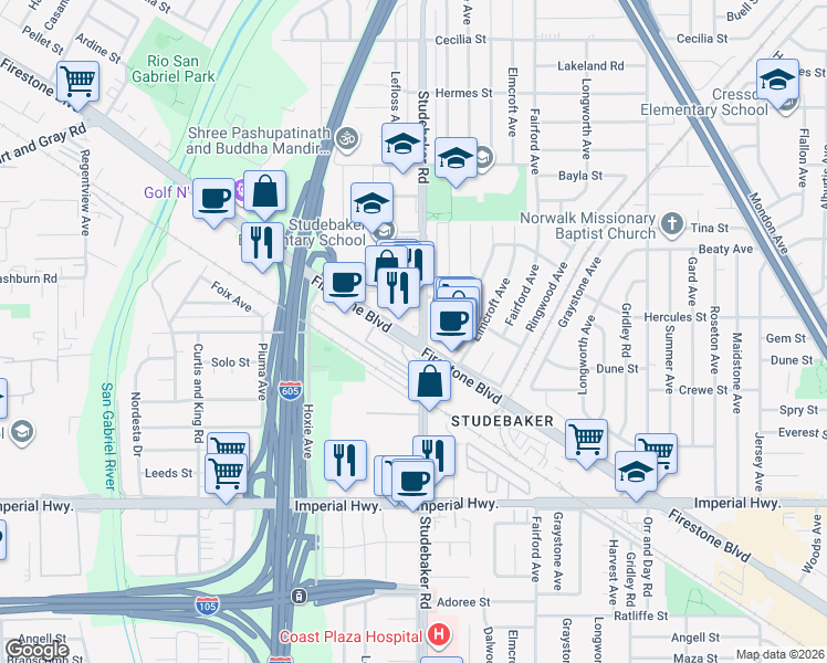 map of restaurants, bars, coffee shops, grocery stores, and more near in Norwalk