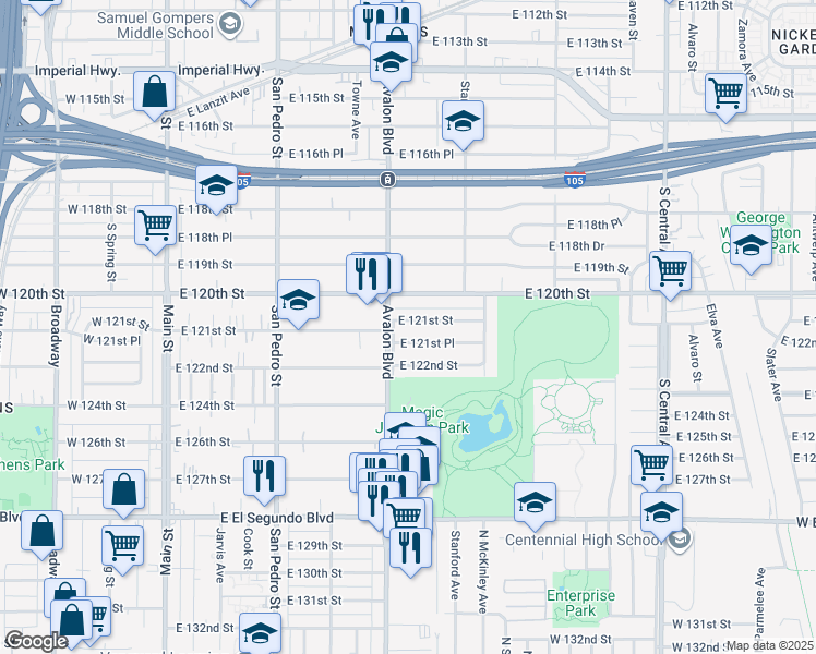 map of restaurants, bars, coffee shops, grocery stores, and more near 618 East 121st Street in Los Angeles