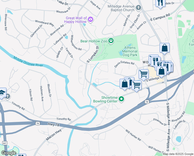 map of restaurants, bars, coffee shops, grocery stores, and more near 175 Eaglewood Way in Athens
