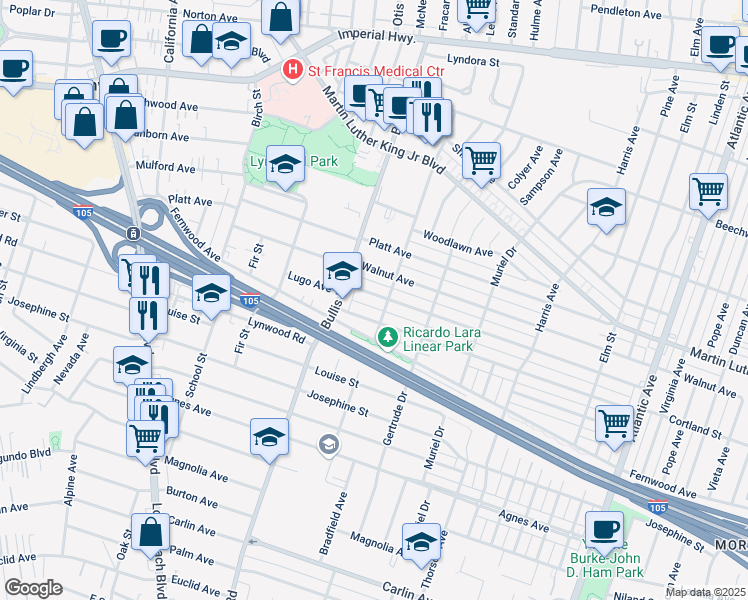 map of restaurants, bars, coffee shops, grocery stores, and more near 3840 Lugo Avenue in Lynwood