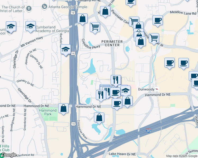 map of restaurants, bars, coffee shops, grocery stores, and more near 47 Dunwoody Springs Drive in Atlanta