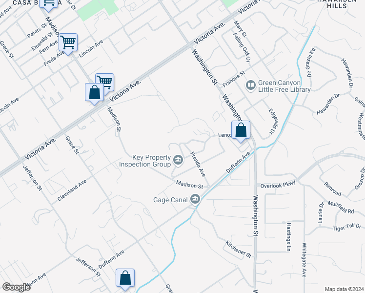map of restaurants, bars, coffee shops, grocery stores, and more near 2390 Prenda Avenue in Riverside