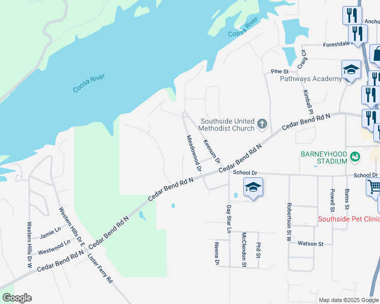 map of restaurants, bars, coffee shops, grocery stores, and more near 2174 Meadowood Drive in Gadsden