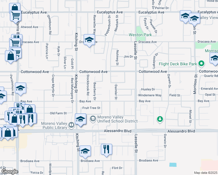 map of restaurants, bars, coffee shops, grocery stores, and more near 13651 Chara Avenue in Moreno Valley