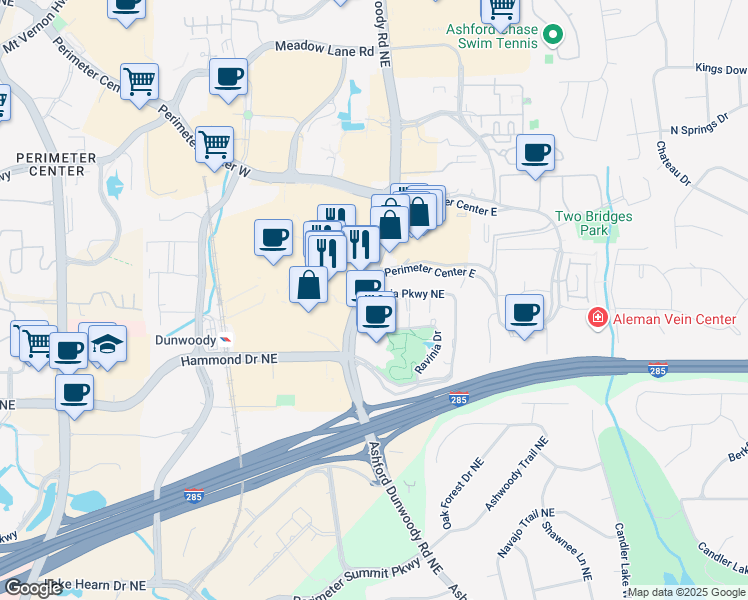 map of restaurants, bars, coffee shops, grocery stores, and more near 4453 Ashford Dunwoody Road in Dunwoody