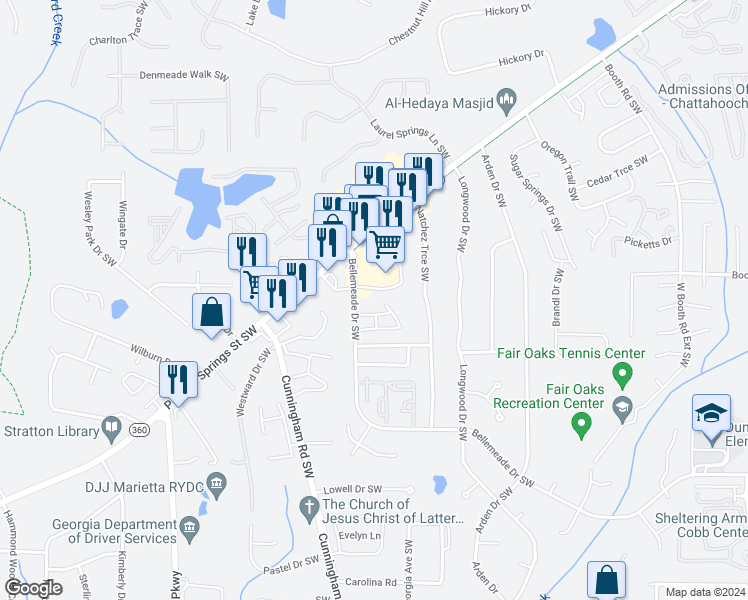 map of restaurants, bars, coffee shops, grocery stores, and more near 1206R Longwood Drive Southwest in Marietta