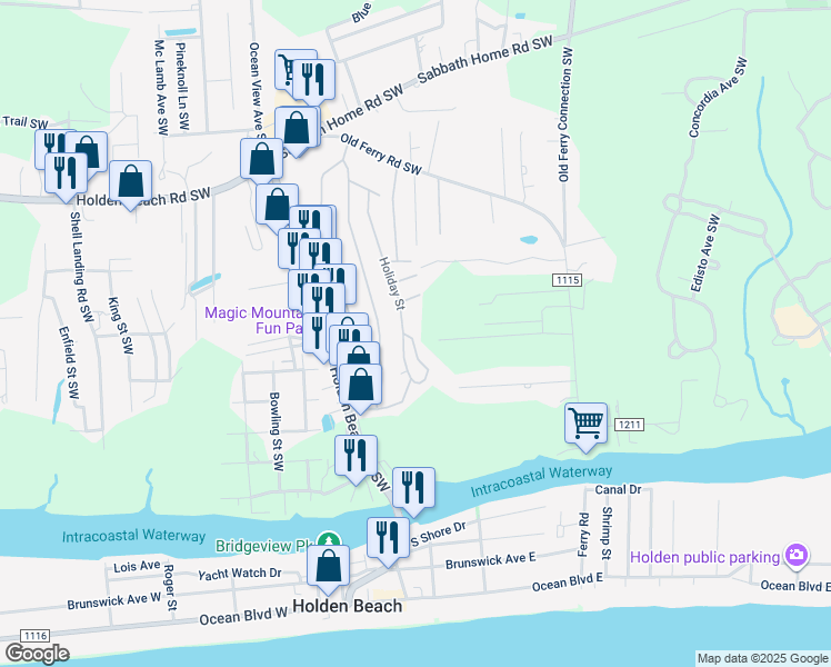 map of restaurants, bars, coffee shops, grocery stores, and more near 4069 Owl Lane Southwest in Brunswick County