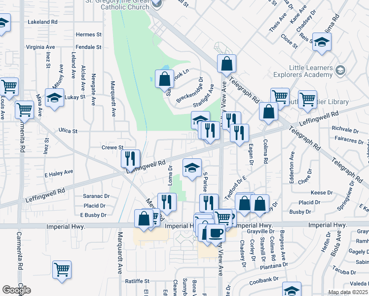 map of restaurants, bars, coffee shops, grocery stores, and more near 14034 Coteau Drive in Whittier