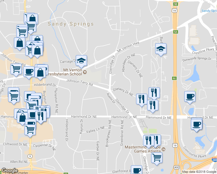 map of restaurants, bars, coffee shops, grocery stores, and more near 505 Glenmanor Court in Atlanta
