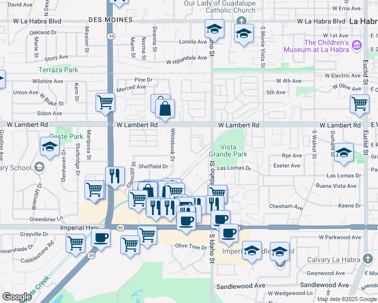 map of restaurants, bars, coffee shops, grocery stores, and more near 1450 West Lambert Road in La Habra