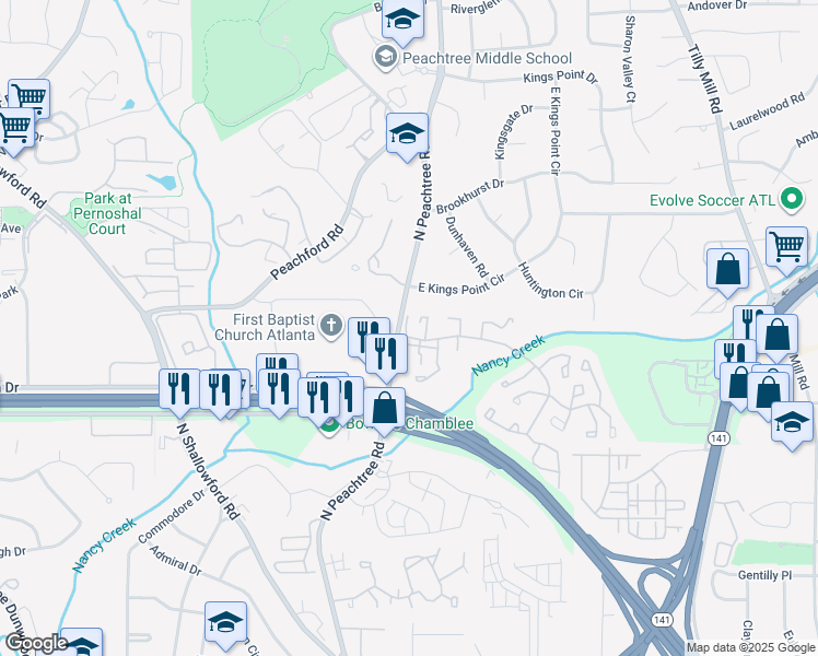map of restaurants, bars, coffee shops, grocery stores, and more near 2311 Dunwoody Crossing in Atlanta