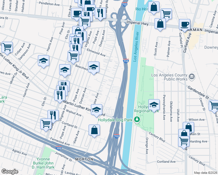 map of restaurants, bars, coffee shops, grocery stores, and more near 11241 Wright Road in Lynwood