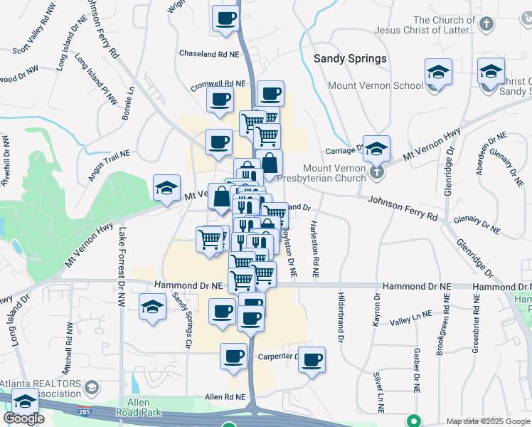 map of restaurants, bars, coffee shops, grocery stores, and more near 263 Hilderbrand Drive in Atlanta