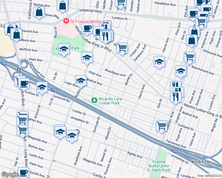 map of restaurants, bars, coffee shops, grocery stores, and more near 3926 Walnut Avenue in Lynwood