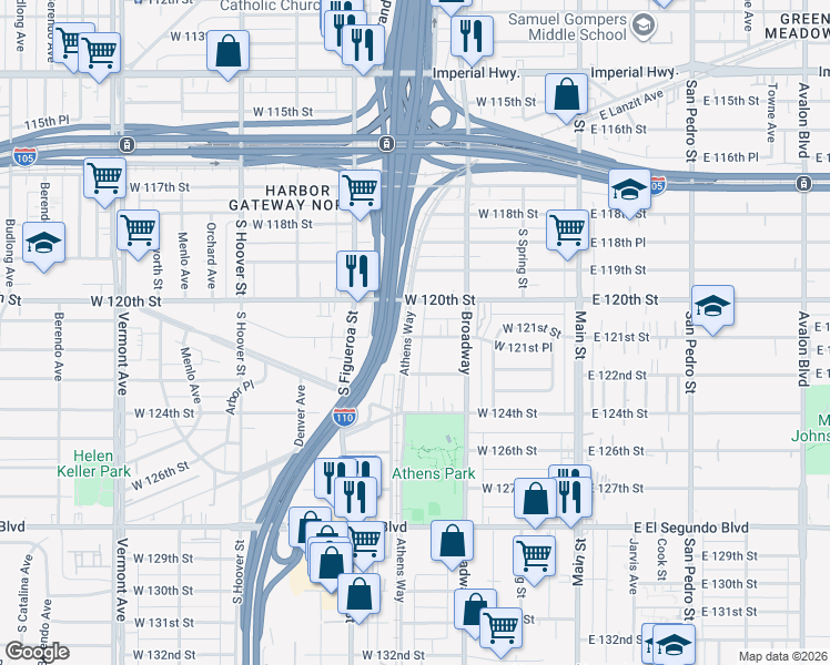 map of restaurants, bars, coffee shops, grocery stores, and more near 12032 Athens Way in Los Angeles