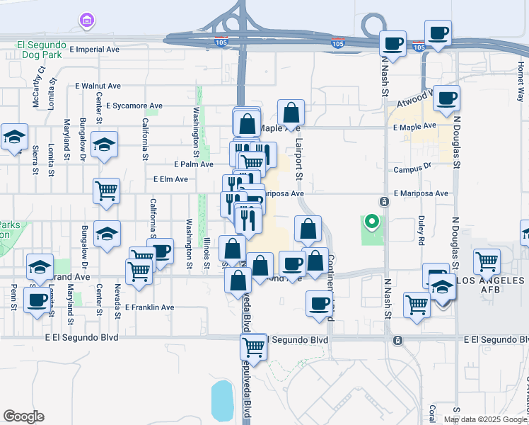 map of restaurants, bars, coffee shops, grocery stores, and more near 1910 East Mariposa Avenue in El Segundo