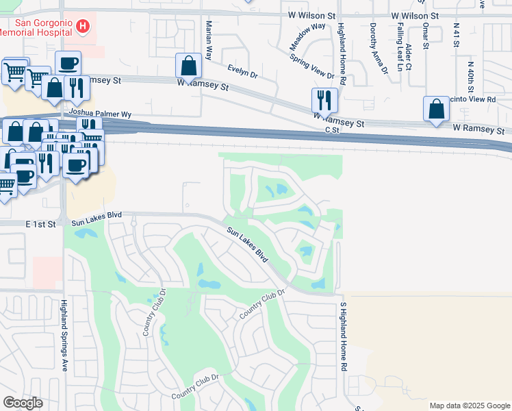 map of restaurants, bars, coffee shops, grocery stores, and more near 5028 Rolling Hills Avenue in Banning