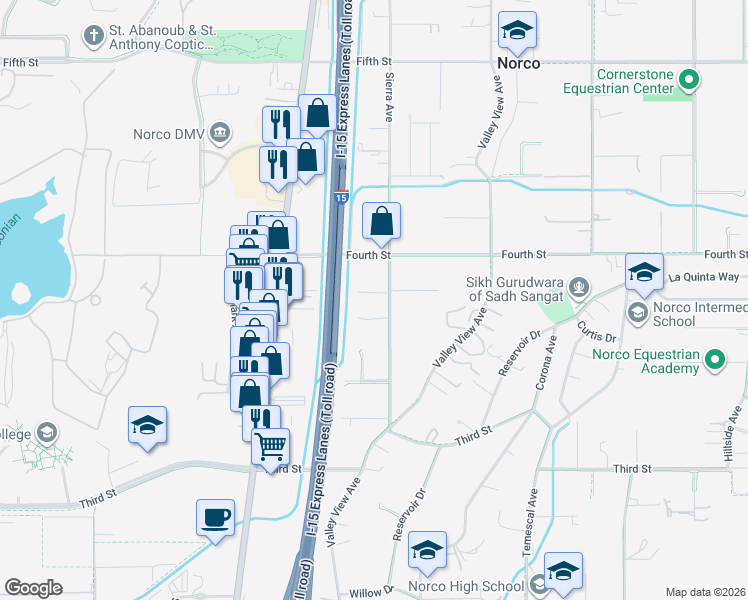 map of restaurants, bars, coffee shops, grocery stores, and more near 1528 Elm Drive in Norco