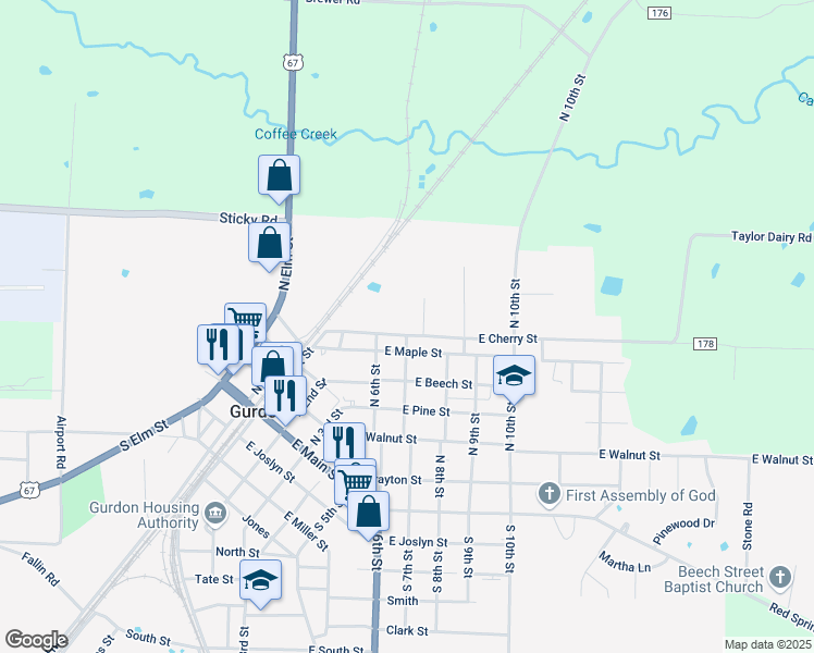 map of restaurants, bars, coffee shops, grocery stores, and more near 613 East Cherry Street in Gurdon