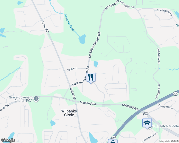 map of restaurants, bars, coffee shops, grocery stores, and more near 388 Mount Tabor Church Road in Dallas