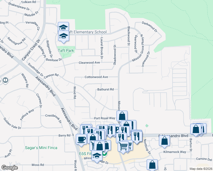 map of restaurants, bars, coffee shops, grocery stores, and more near 267 Gracefield Way in Riverside