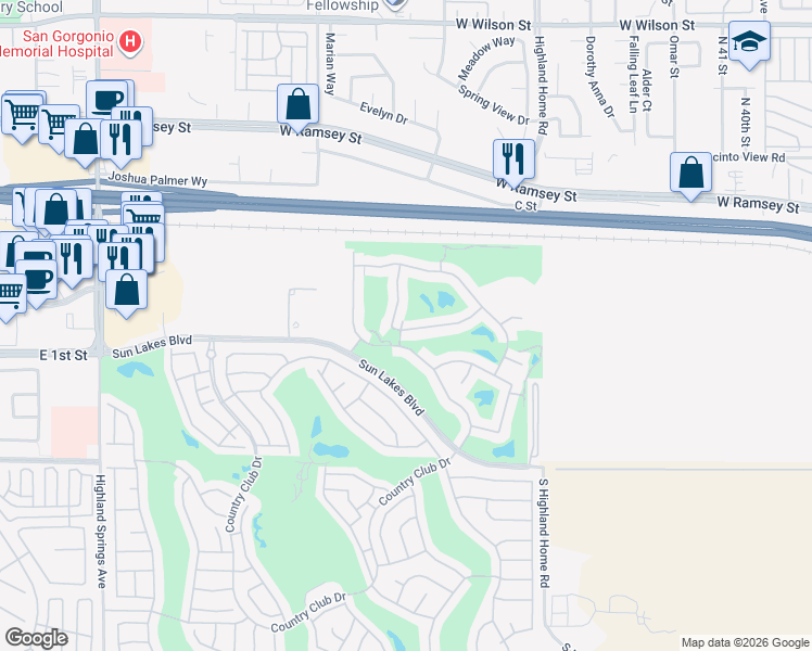 map of restaurants, bars, coffee shops, grocery stores, and more near 5028 Rolling Hills Avenue in Banning