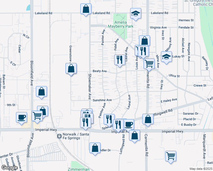 map of restaurants, bars, coffee shops, grocery stores, and more near 12002 Painter Avenue in Whittier