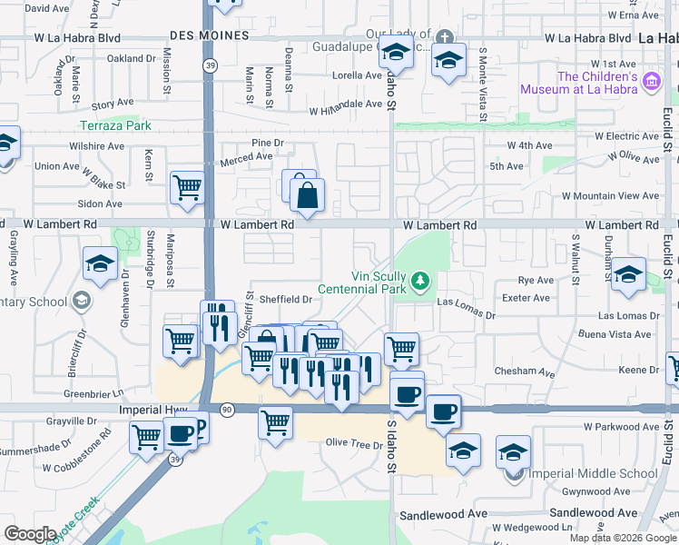 map of restaurants, bars, coffee shops, grocery stores, and more near 1456 West Lambert Road in La Habra