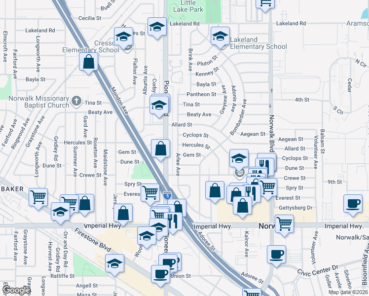 map of restaurants, bars, coffee shops, grocery stores, and more near 11849 Gem Street in Norwalk