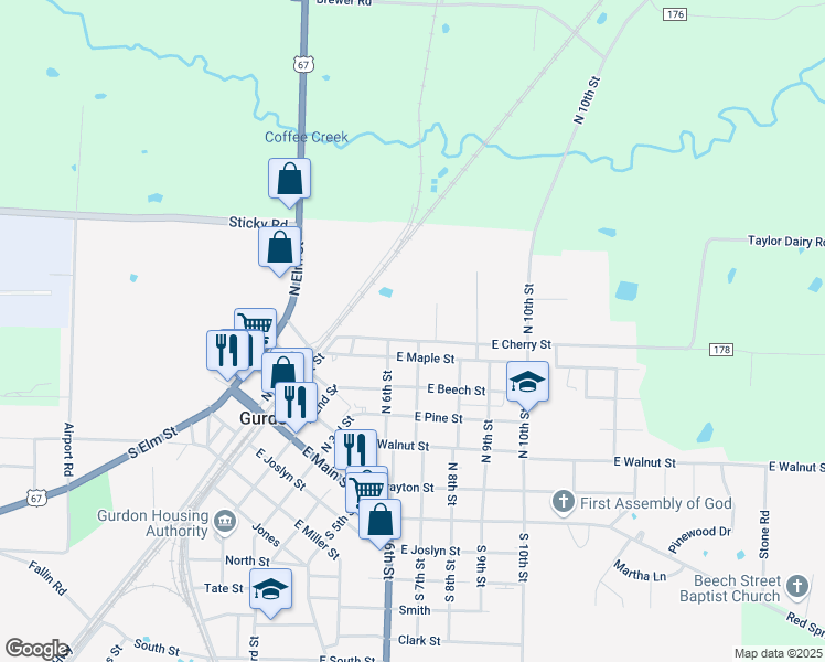 map of restaurants, bars, coffee shops, grocery stores, and more near 613 East Cherry Street in Gurdon