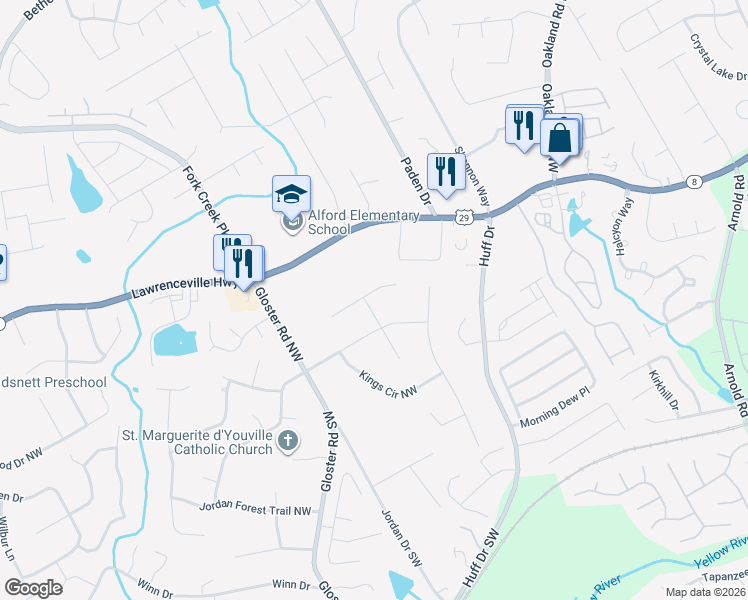 map of restaurants, bars, coffee shops, grocery stores, and more near 210 Kings Court Northwest in Lawrenceville