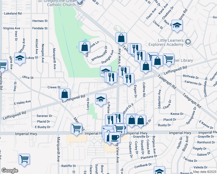 map of restaurants, bars, coffee shops, grocery stores, and more near 14151 Leffingwell Road in Whittier