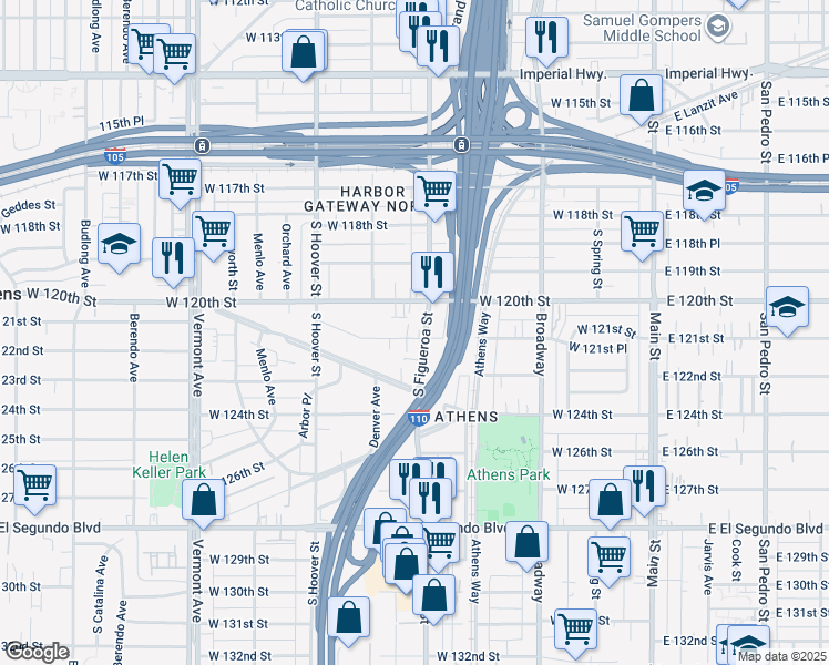 map of restaurants, bars, coffee shops, grocery stores, and more near 442 West 121st Street in Los Angeles