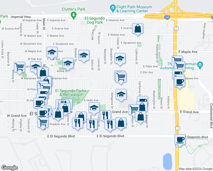 map of restaurants, bars, coffee shops, grocery stores, and more near 513 Maryland Street in El Segundo