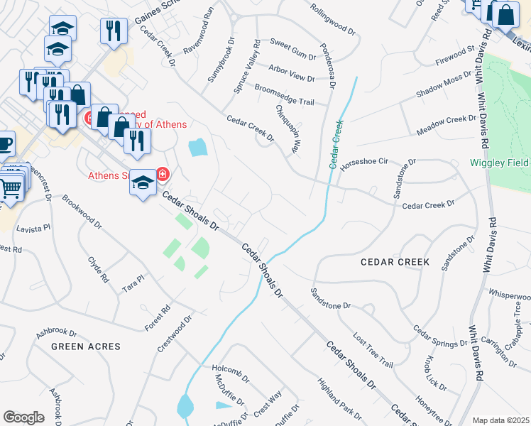 map of restaurants, bars, coffee shops, grocery stores, and more near 102 Oak Park Court in Athens