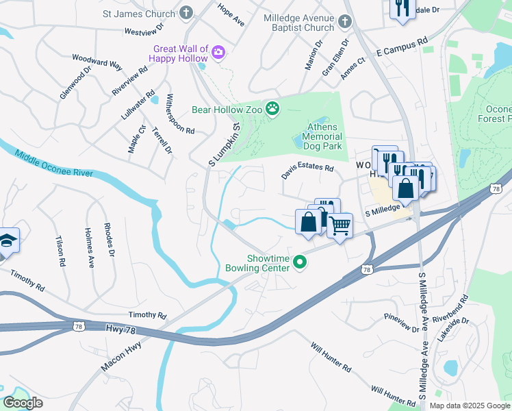 map of restaurants, bars, coffee shops, grocery stores, and more near 212 Eaglewood Court in Athens