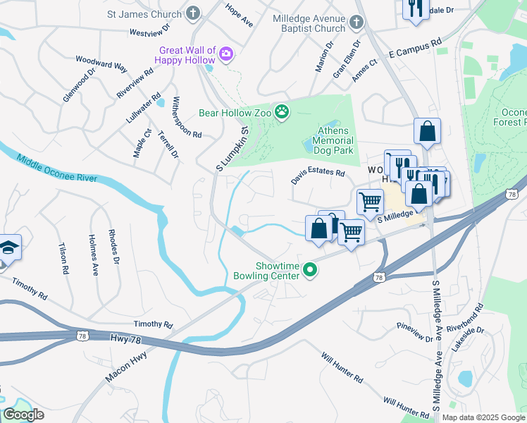 map of restaurants, bars, coffee shops, grocery stores, and more near 212 Eaglewood Court in Athens