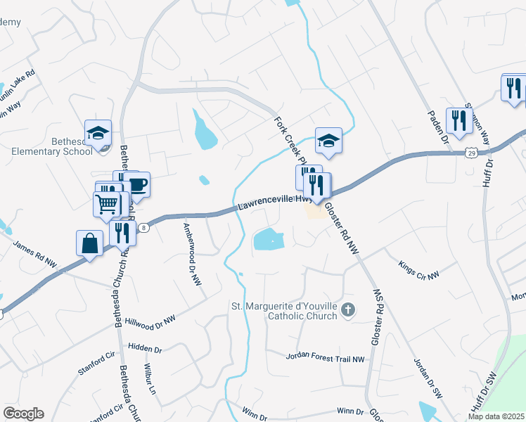 map of restaurants, bars, coffee shops, grocery stores, and more near 320 Oldvine Drive in Lawrenceville