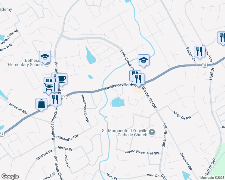 map of restaurants, bars, coffee shops, grocery stores, and more near 2730 Harrison Drive in Lawrenceville