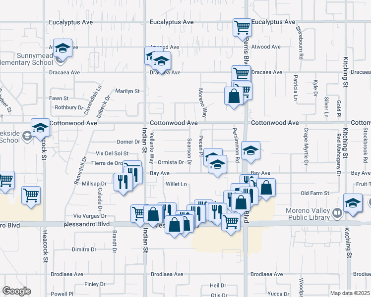 map of restaurants, bars, coffee shops, grocery stores, and more near 24702 Qualton Court in Moreno Valley