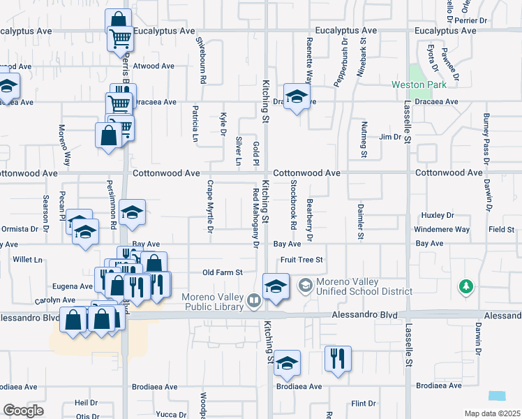 map of restaurants, bars, coffee shops, grocery stores, and more near 13702 Red Mahogany Drive in Moreno Valley