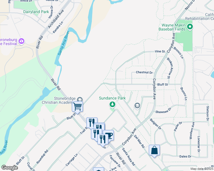 map of restaurants, bars, coffee shops, grocery stores, and more near 3976 Bluff Street in Norco