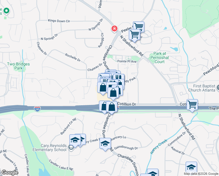 map of restaurants, bars, coffee shops, grocery stores, and more near 4514 Chamblee Dunwoody Road in Dunwoody