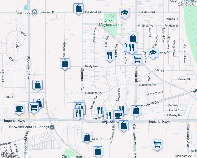 map of restaurants, bars, coffee shops, grocery stores, and more near 12002 Painter Avenue in Whittier